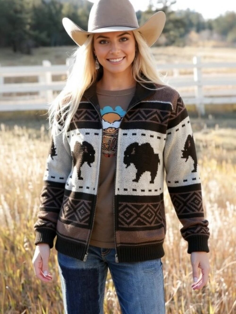 Southwestern Vintage Aztec Buffalo Zip-Up Knit Sweater